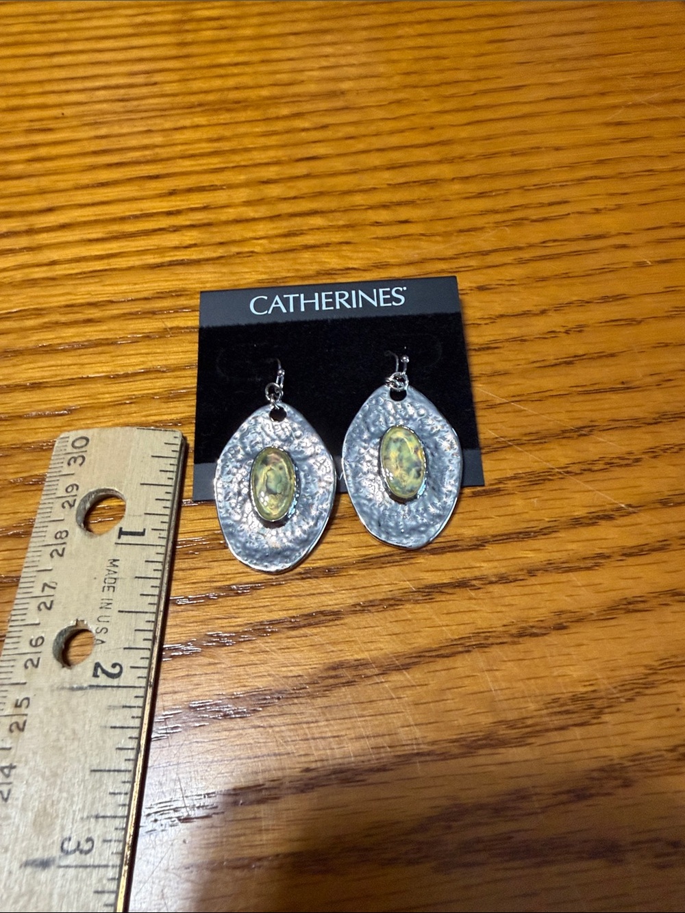 Catherines Silver-Tone Hammered Oval Dangle Earrings with Accent